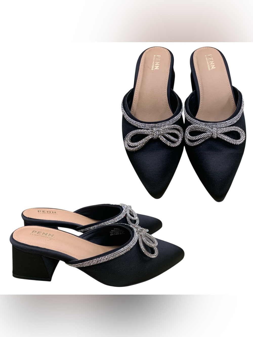 Penningtons Black Satin Pointed Toe Mules with Crystal Bow Trim S9WW